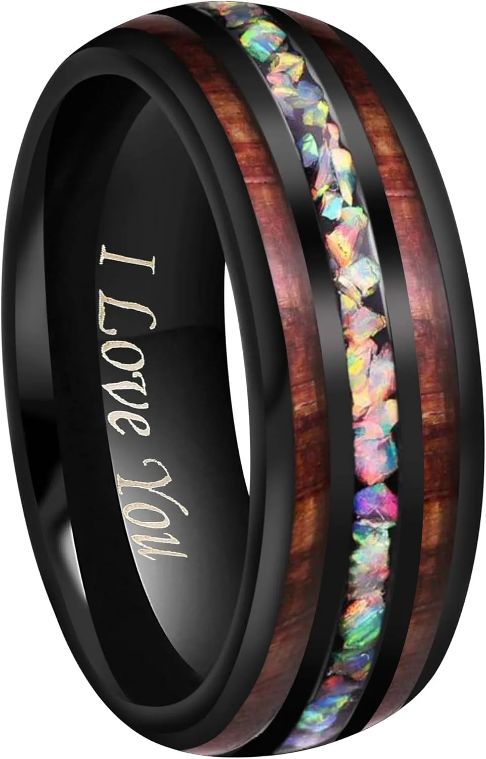 CROWNAL 4mm 8mm Handmade Genuine Crushed Fire Opal Balck Tungsten Carbide Men Women Wedding Band With Koa Wood Inlay Engraved I Love You Size 7 To 17