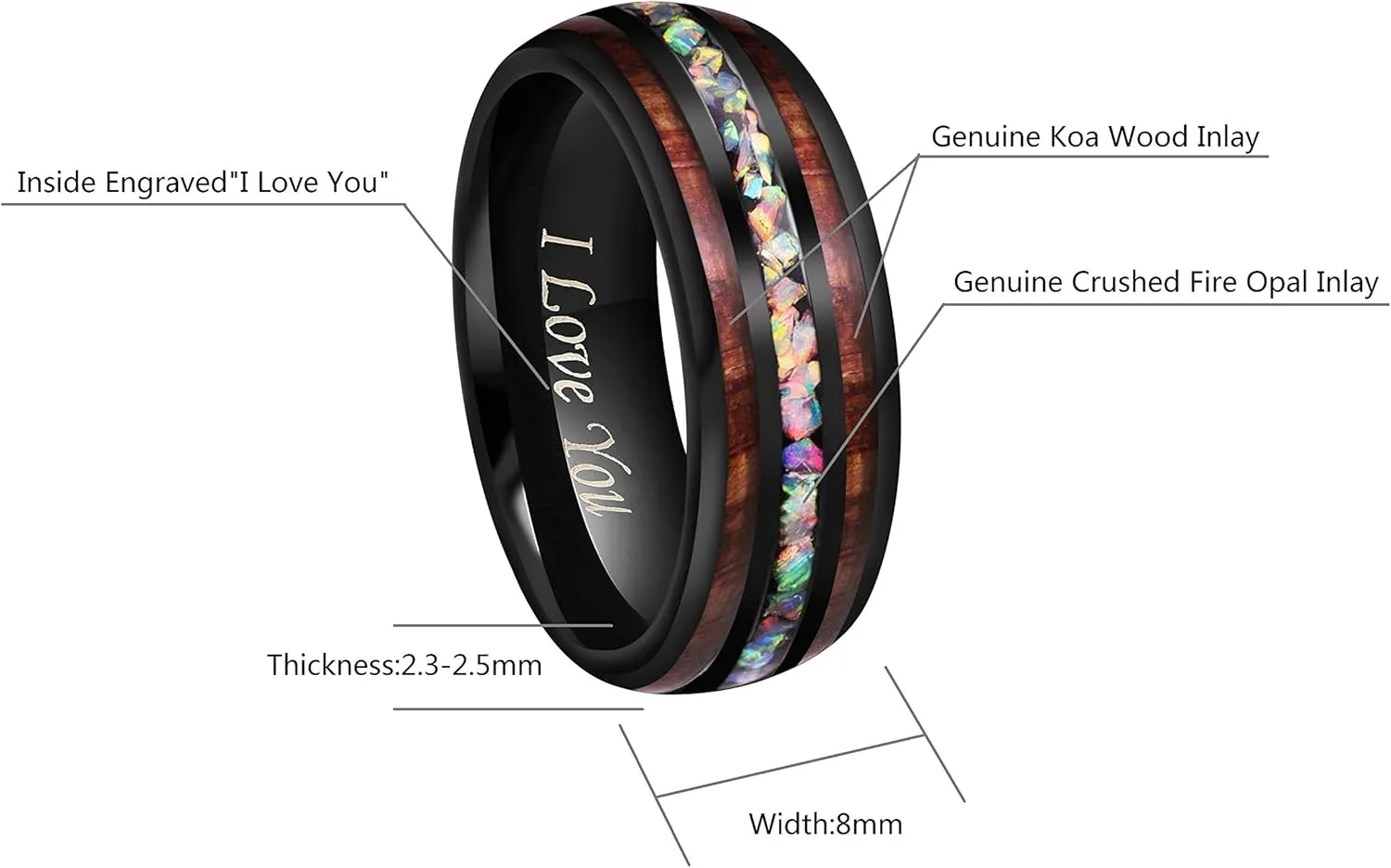 CROWNAL 4mm 8mm Handmade Genuine Crushed Fire Opal Balck Tungsten Carbide Men Women Wedding Band With Koa Wood Inlay Engraved I Love You Size 7 To 17