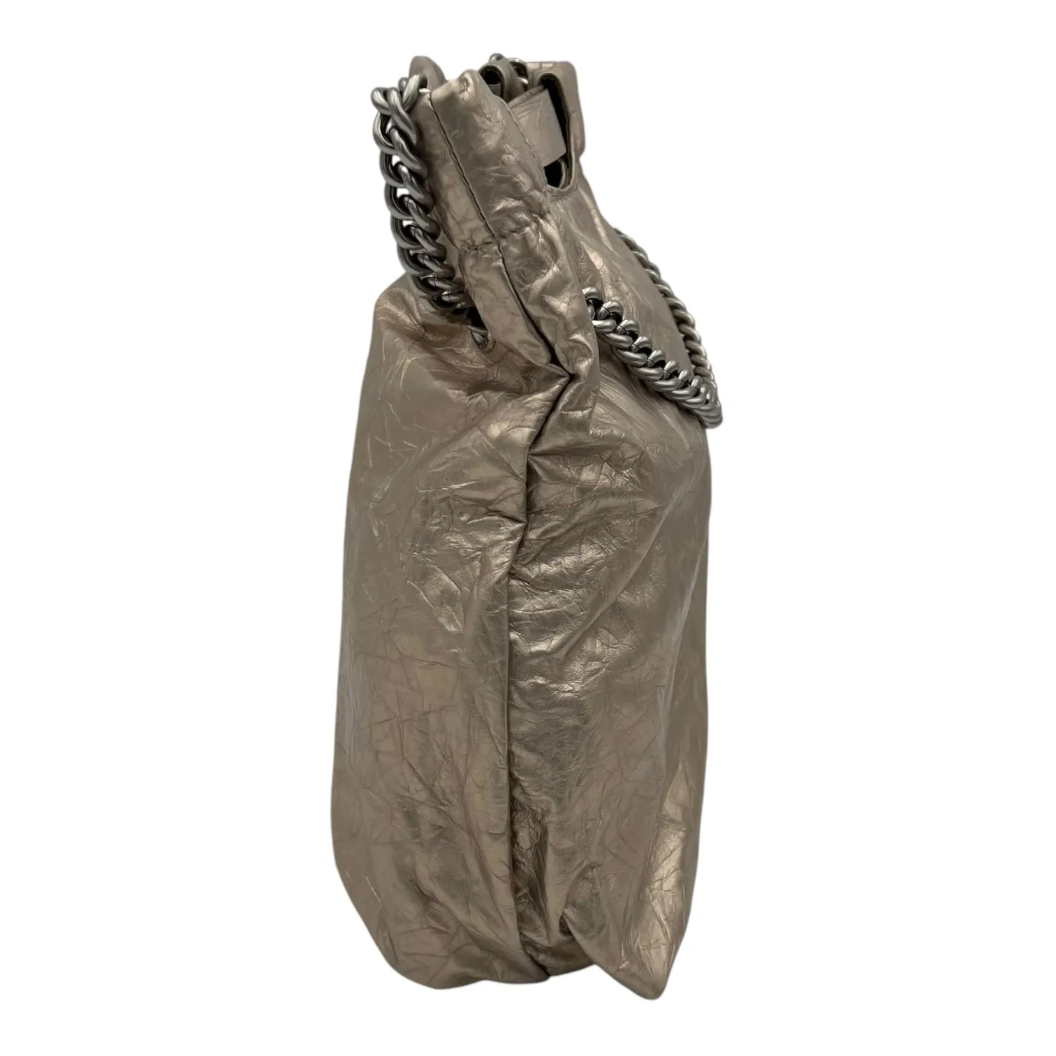 Crush Small Metallic Beige Shoulder Bag in Distressed Leather, Silver hardware