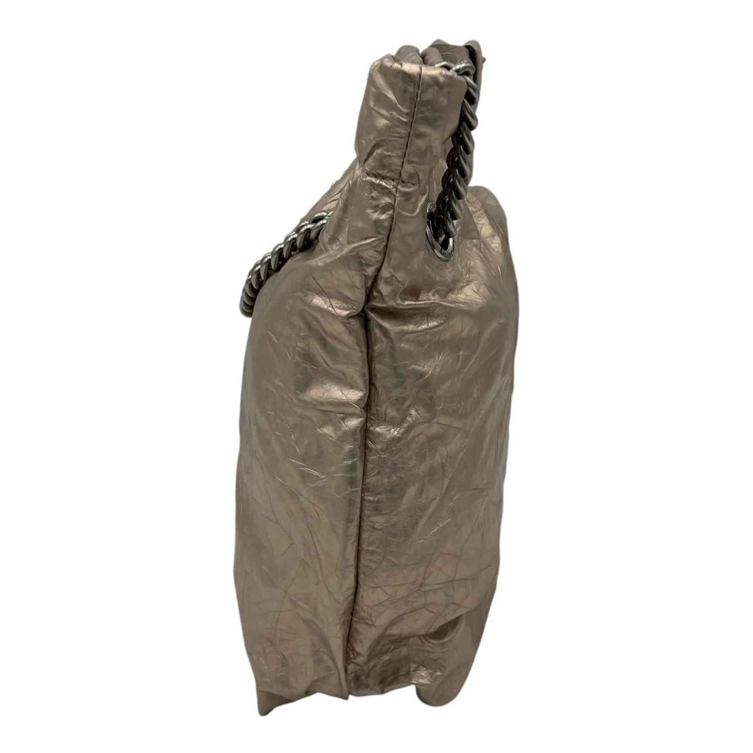 Crush Small Metallic Beige Shoulder Bag in Distressed Leather, Silver hardware