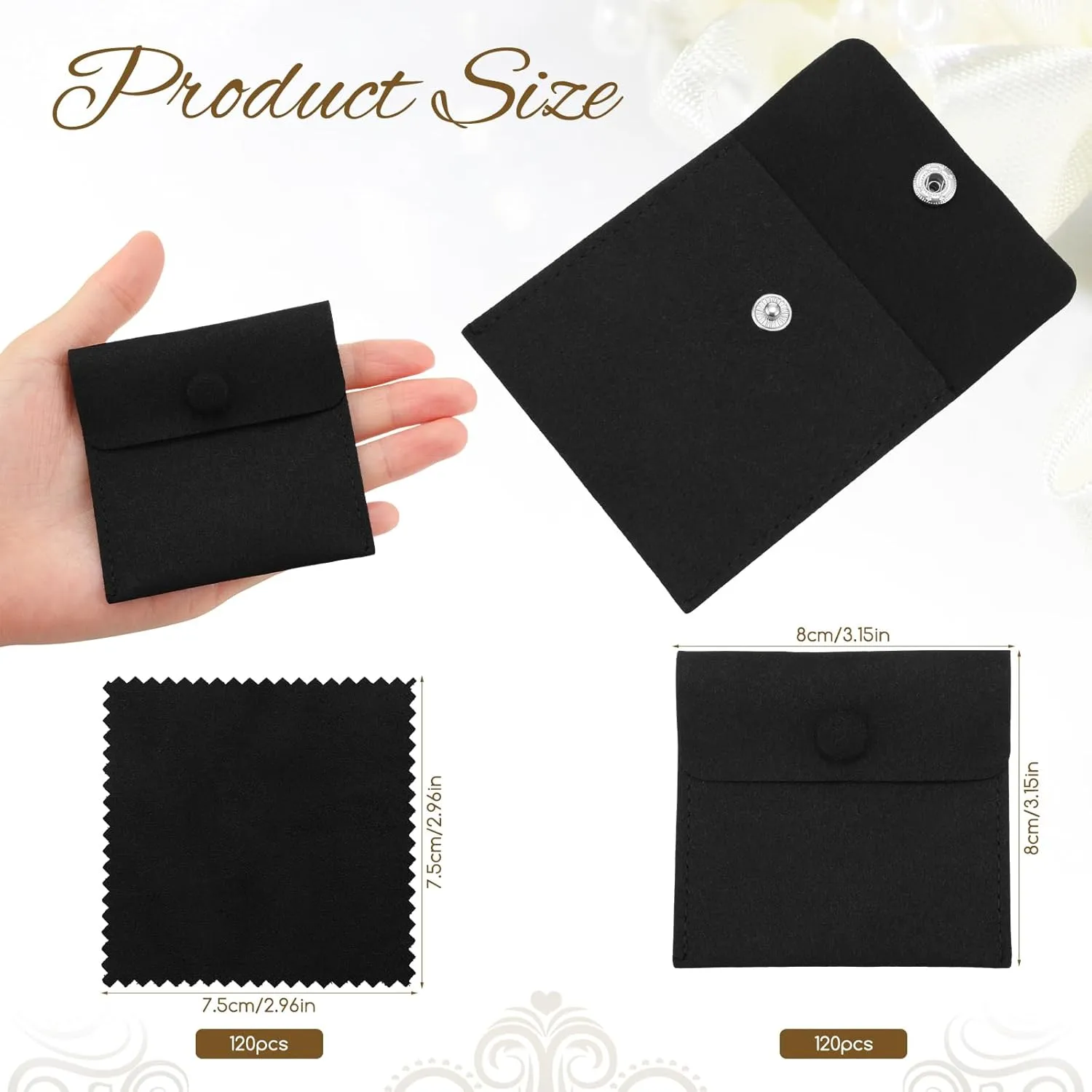Cunno 120 Pack Microfiber Jewelry Pouch with Cleaning Cloth 3.2"x3.2" Jewelry Packaging Bag with Snap Button Bags(Black)