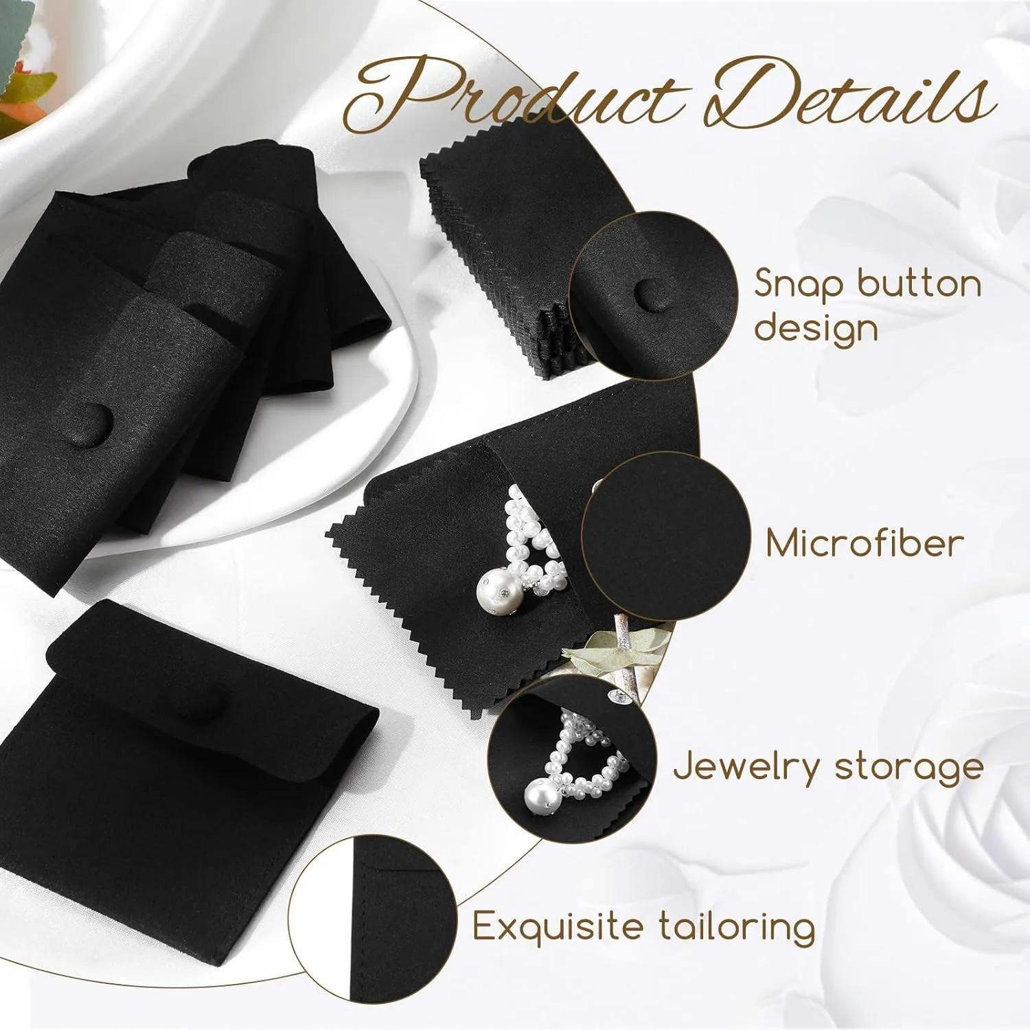 Cunno 120 Pack Microfiber Jewelry Pouch with Cleaning Cloth 3.2"x3.2" Jewelry Packaging Bag with Snap Button Bags(Black)
