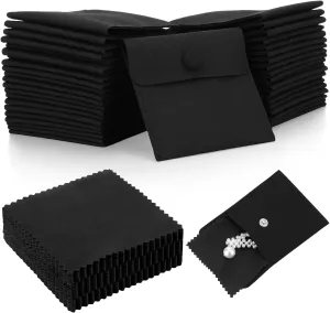 Cunno 120 Pack Microfiber Jewelry Pouch with Cleaning Cloth 3.2"x3.2" Jewelry Packaging Bag with Snap Button Bags(Black)
