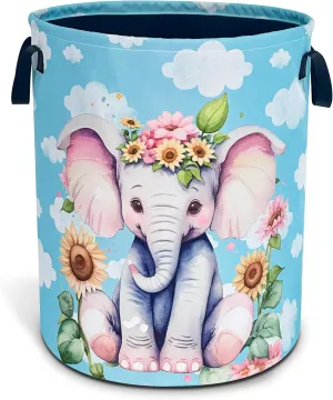 Cute Elephant Laundry Basket Sunflower Animal Oxford Cloth Laundry Hamper With Handle Foldable Portable Clothes Storage Basket 18.9 X 16.5 In Storage Bag For Laundry Room/Bathroom/Bedroom/Dormitories