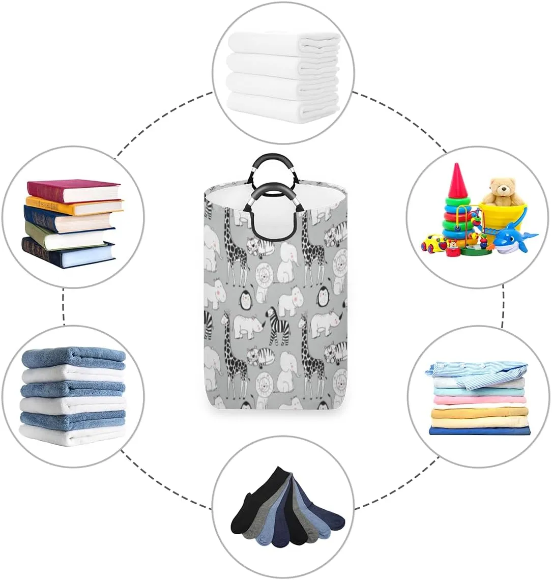 Cute Elephant Rhinoceros Zebra Penguin Laundry Basket Collapsible Laundry Hamper Waterproof Dirty Clothes Storage Baskets Foldable Washing Bin Laundry Bag With Handles for College Dorm Family