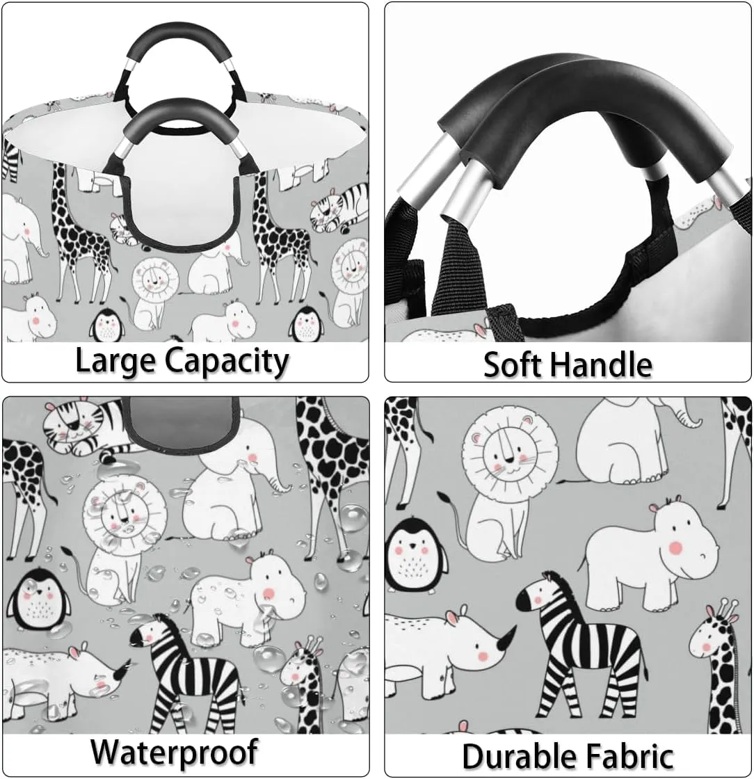 Cute Elephant Rhinoceros Zebra Penguin Laundry Basket Collapsible Laundry Hamper Waterproof Dirty Clothes Storage Baskets Foldable Washing Bin Laundry Bag With Handles for College Dorm Family