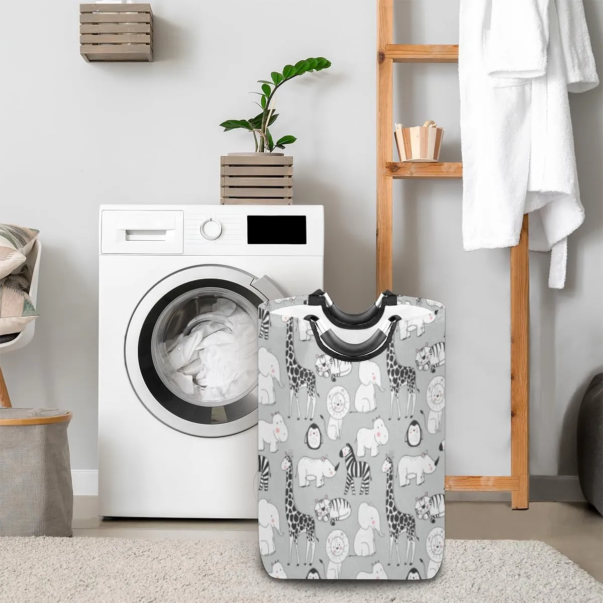 Cute Elephant Rhinoceros Zebra Penguin Laundry Basket Collapsible Laundry Hamper Waterproof Dirty Clothes Storage Baskets Foldable Washing Bin Laundry Bag With Handles for College Dorm Family