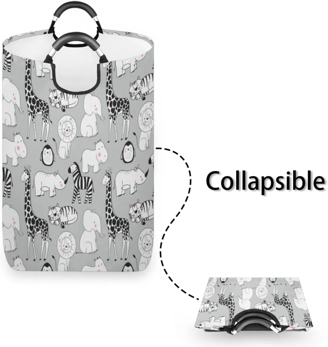 Cute Elephant Rhinoceros Zebra Penguin Laundry Basket Collapsible Laundry Hamper Waterproof Dirty Clothes Storage Baskets Foldable Washing Bin Laundry Bag With Handles for College Dorm Family