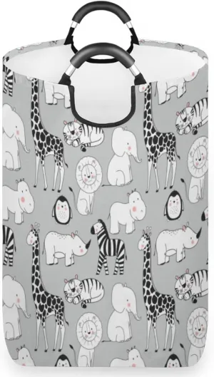 Cute Elephant Rhinoceros Zebra Penguin Laundry Basket Collapsible Laundry Hamper Waterproof Dirty Clothes Storage Baskets Foldable Washing Bin Laundry Bag With Handles for College Dorm Family