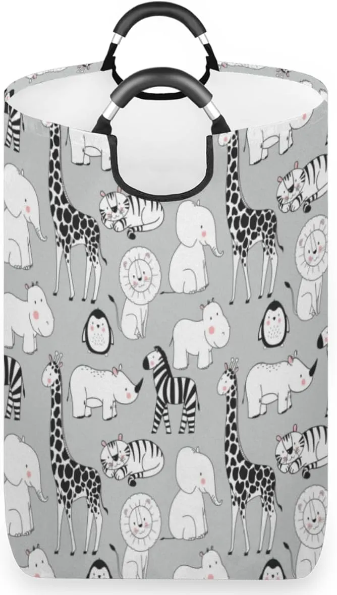 Cute Elephant Rhinoceros Zebra Penguin Laundry Basket Collapsible Laundry Hamper Waterproof Dirty Clothes Storage Baskets Foldable Washing Bin Laundry Bag With Handles for College Dorm Family
