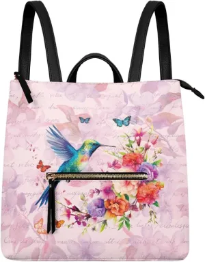 Cute Hummingbird Backpack Purse for Women Anti Theft Fashion Flower Pink Back Pack Shoulder Bag Butterfly Design