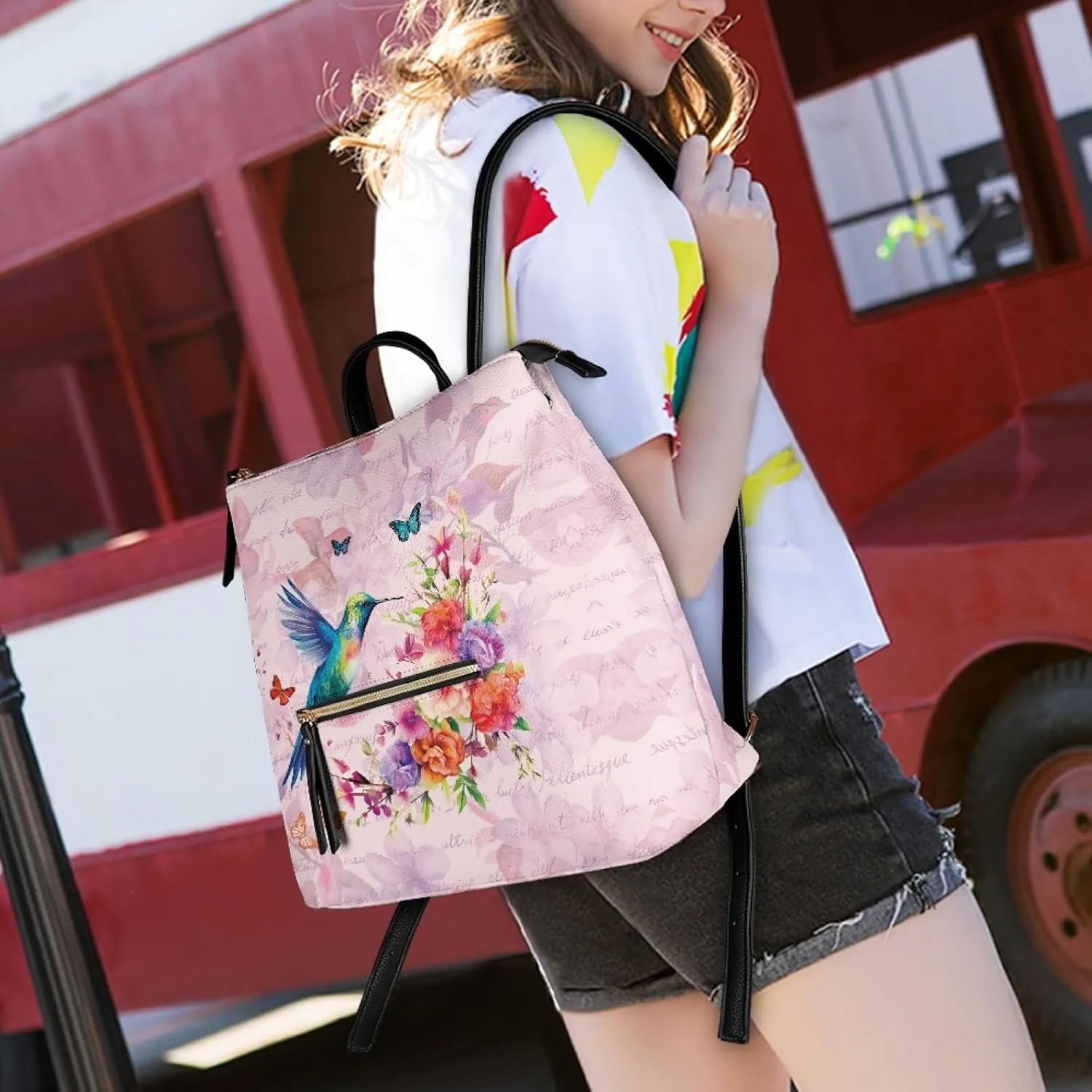 Cute Hummingbird Backpack Purse for Women Anti Theft Fashion Flower Pink Back Pack Shoulder Bag Butterfly Design