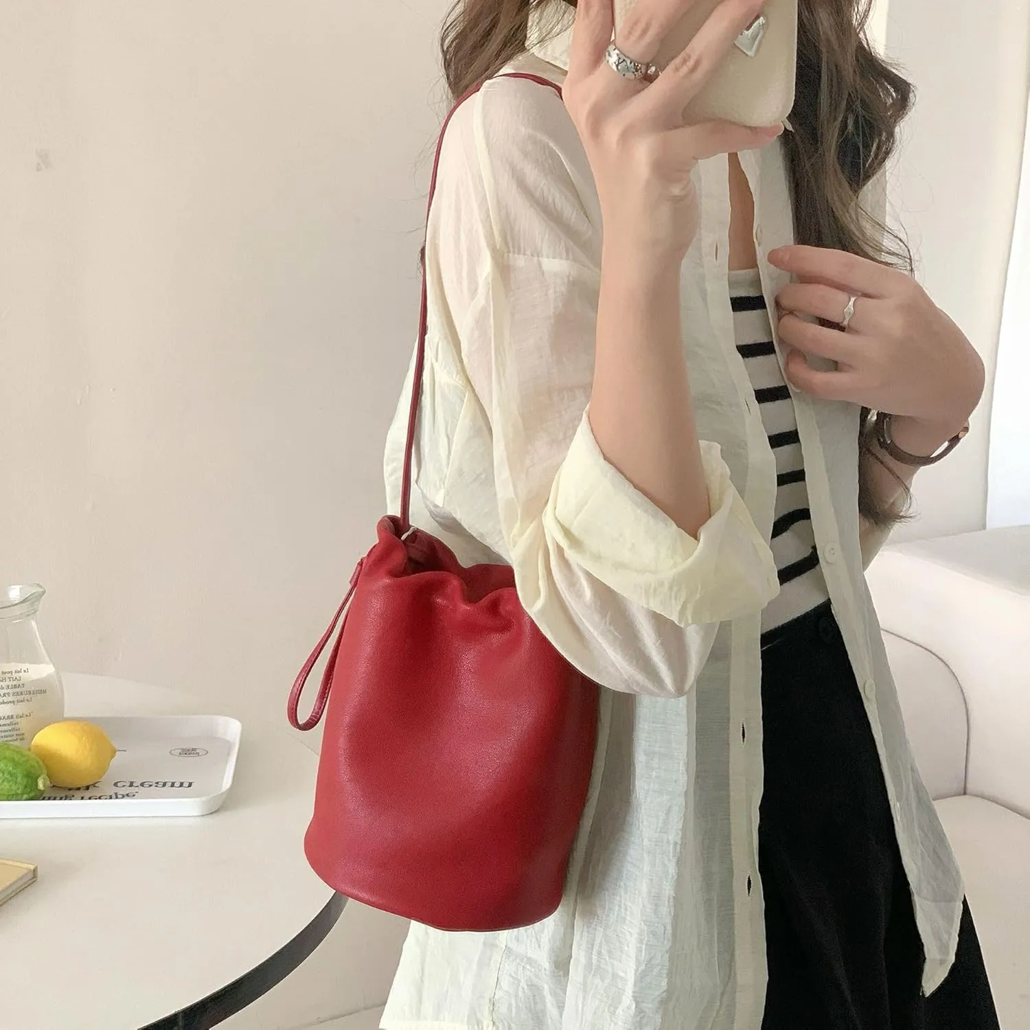 Cylindrical Soft Leather Bucket Bag Handbag Women Drawstring Small Shoulder Armpit Bag Cute Chic Stylish Versatile