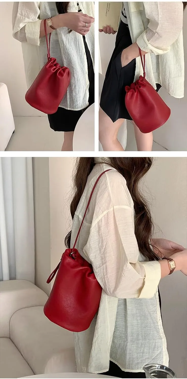 Cylindrical Soft Leather Bucket Bag Handbag Women Drawstring Small Shoulder Armpit Bag Cute Chic Stylish Versatile