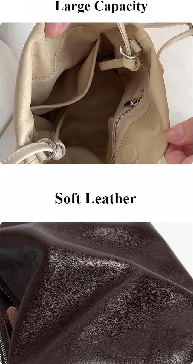 Cylindrical Soft Leather Bucket Bag Handbag Women Drawstring Small Shoulder Armpit Bag Cute Chic Stylish Versatile