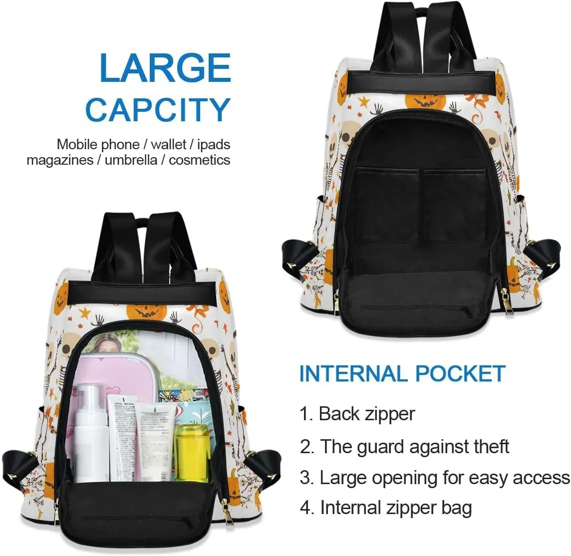 Dancing Skeletons Pumpkins Women Backpack Purse Anti Theft Design Travel Hiking Camping Rucksack Pack