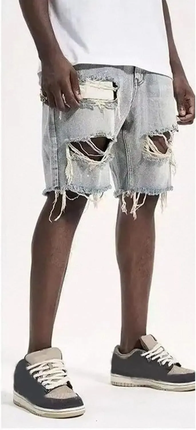 Dawery Men Distressed Denim Shorts Button Fly Multi Pockets Slim Fit Ripped Holes Knee Length Hip Hop Baggy Cargo Short Pants