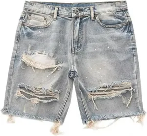 Dawery Men Distressed Denim Shorts Button Fly Multi Pockets Slim Fit Ripped Holes Knee Length Hip Hop Baggy Cargo Short Pants