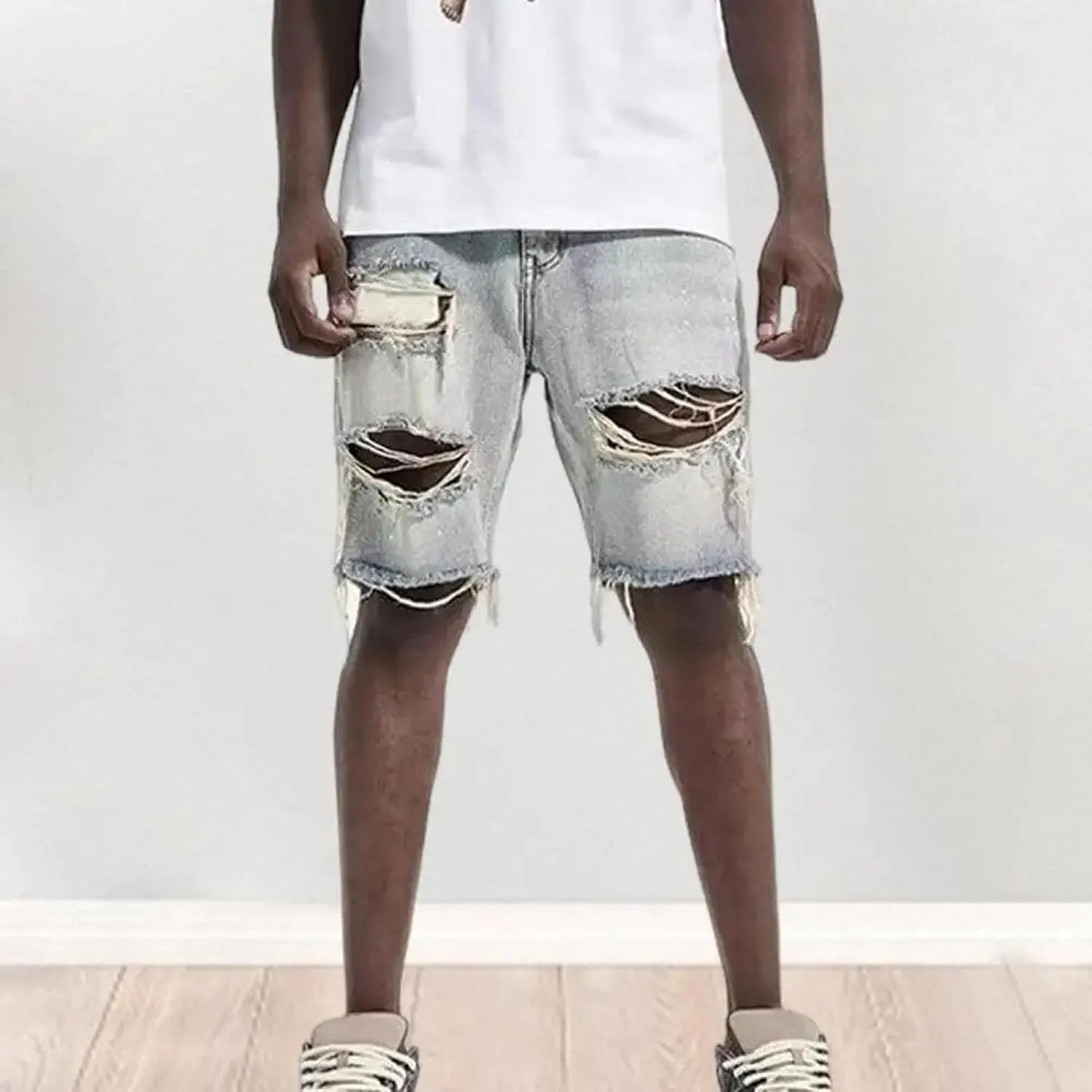 Dawery Men Distressed Denim Shorts Button Fly Multi Pockets Slim Fit Ripped Holes Knee Length Hip Hop Baggy Cargo Short Pants