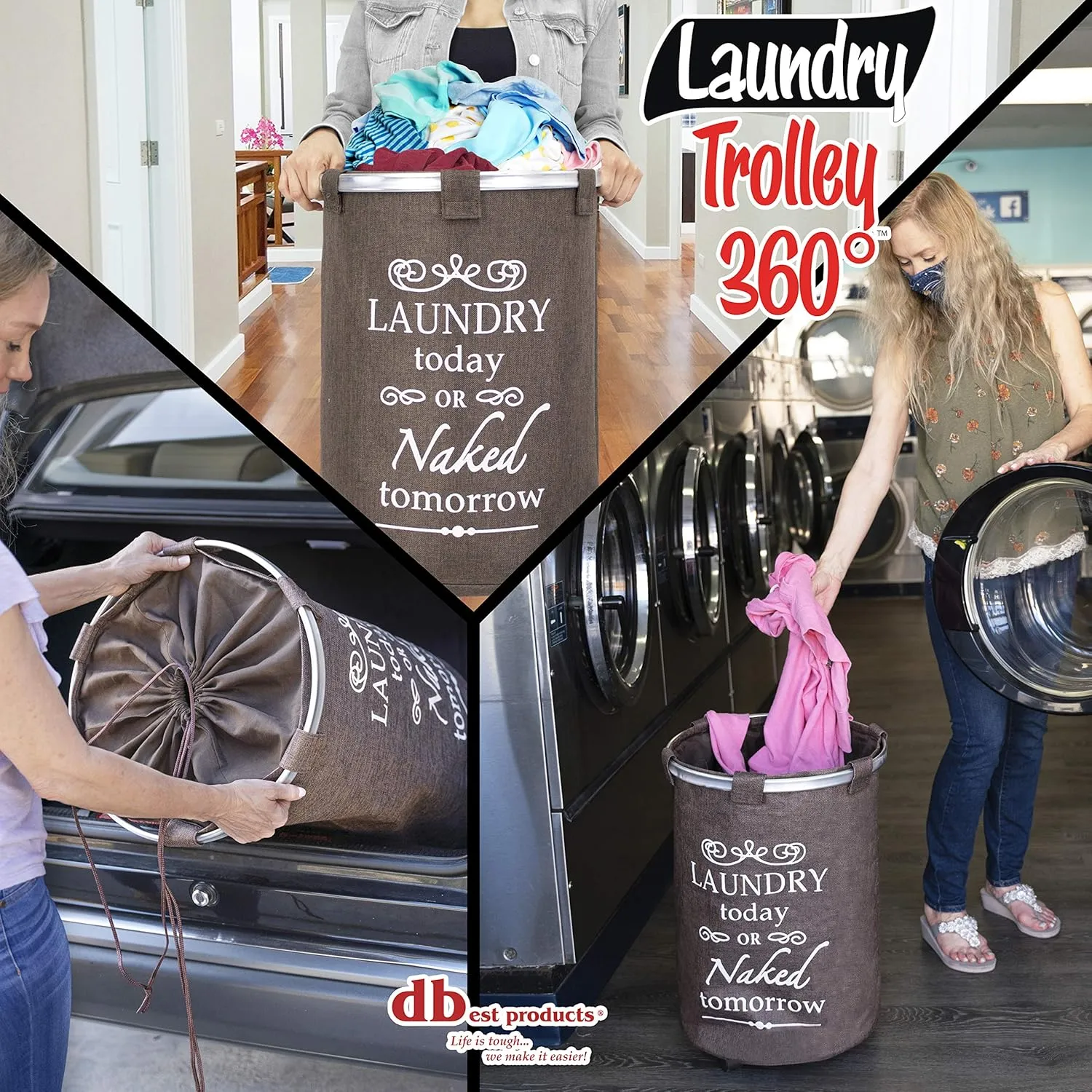 dbest products Laundry Trolley 360 Bag Hamper Basket Cart with Swivel Wheels Sorter, Brown