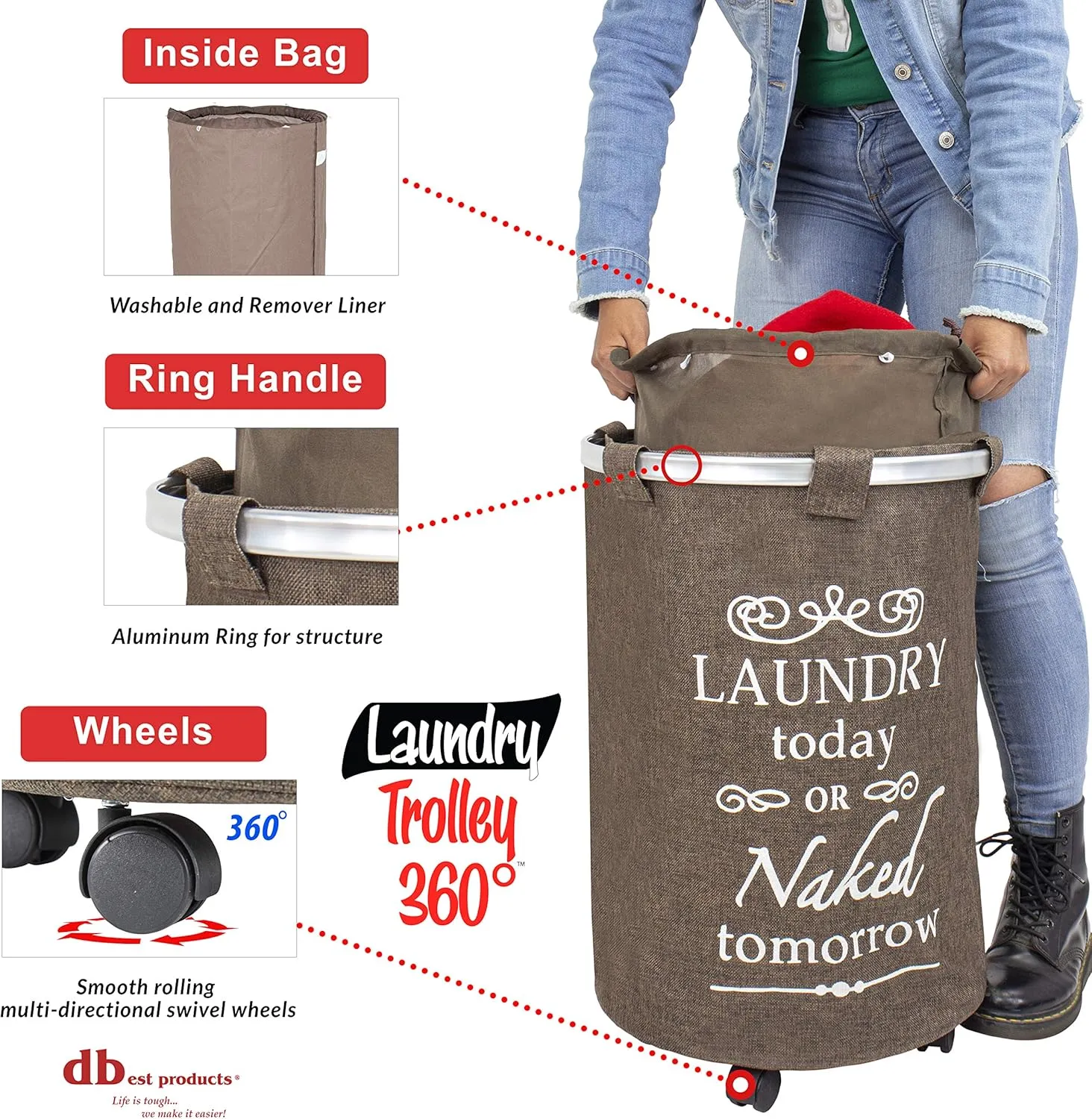dbest products Laundry Trolley 360 Bag Hamper Basket Cart with Swivel Wheels Sorter, Brown