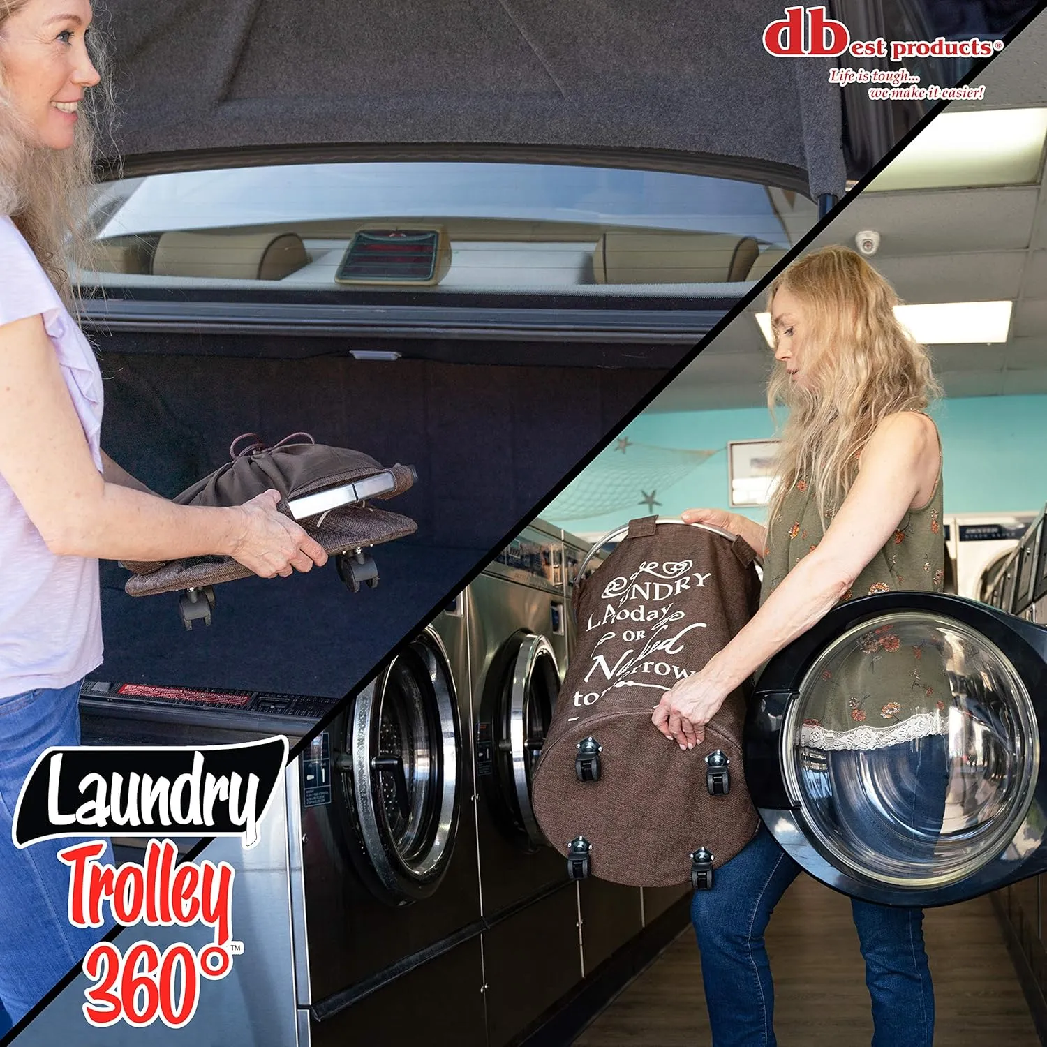 dbest products Laundry Trolley 360 Bag Hamper Basket Cart with Swivel Wheels Sorter, Brown