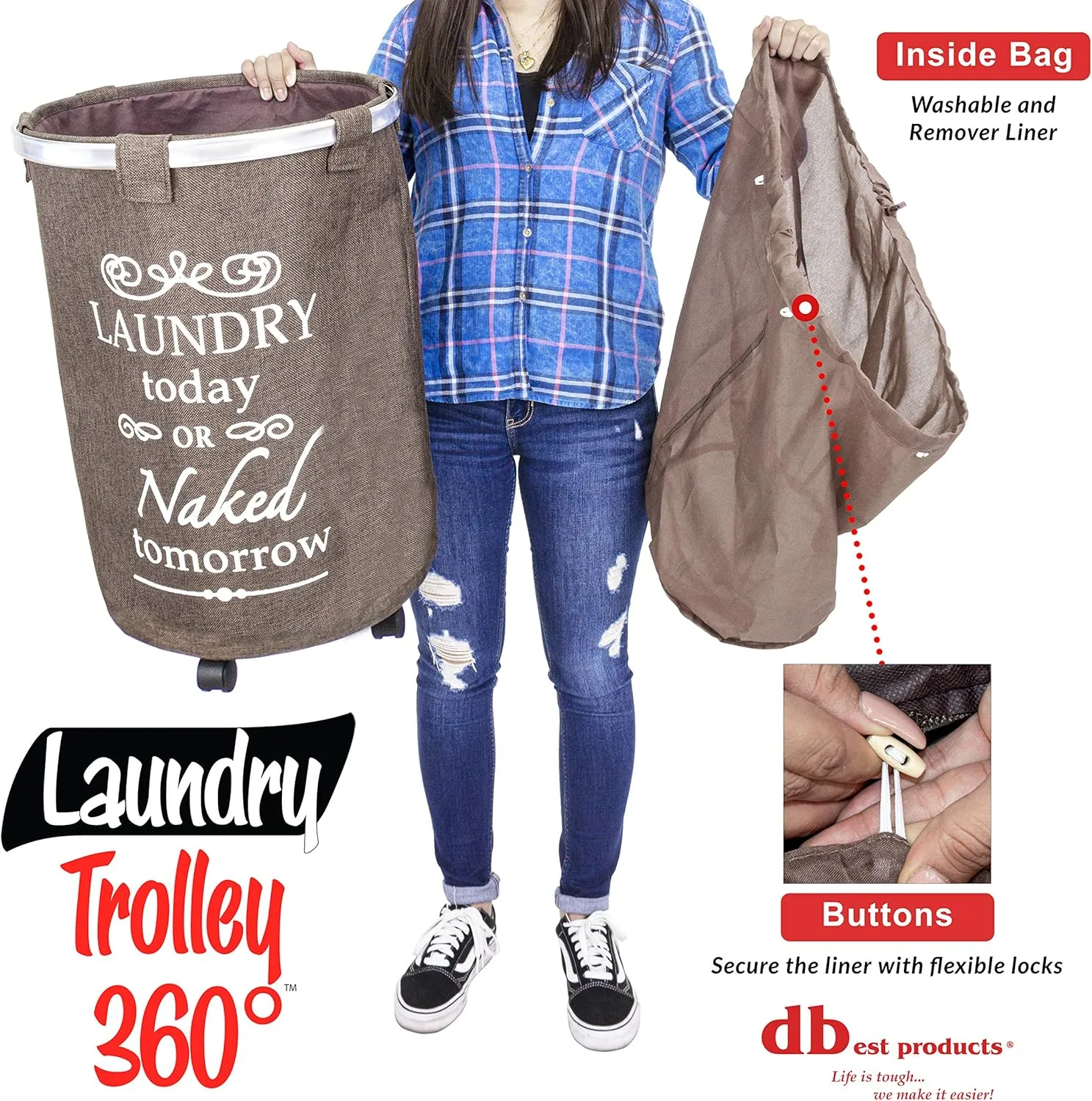 dbest products Laundry Trolley 360 Bag Hamper Basket Cart with Swivel Wheels Sorter, Brown