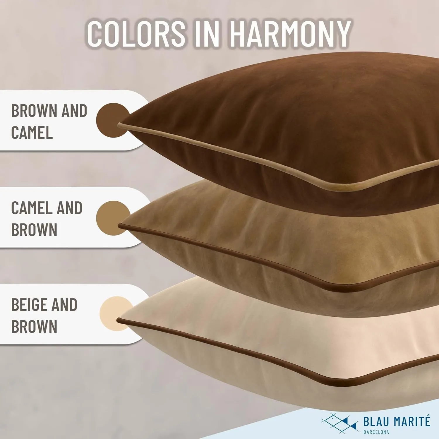 Decorative Velvet Throw Pillow Covers with Trim. Soft Velvet Decorative Pillow Cases. Velvet Cushion Covers. Contrast Pipping.(Camel and Brown, 20"x20")