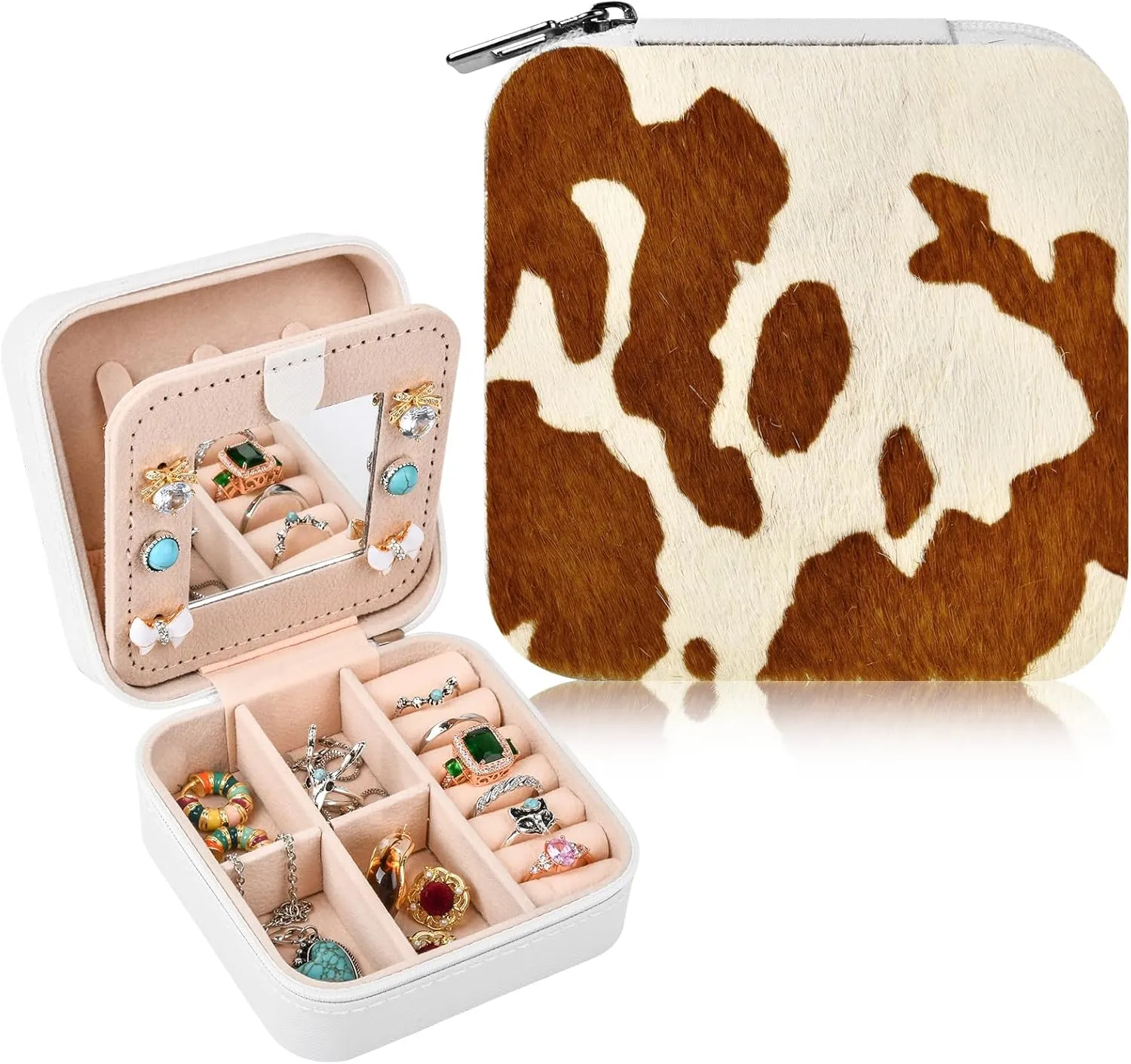 DEEKA Western Jewelry Box Case Real Leather Cow Print Cowhide Tooled Travel Jewelry Organizer Gifts Christmas Gifts for Women Country Girls Cowgirl Stuff Portable Travel Accessories -White/Brown