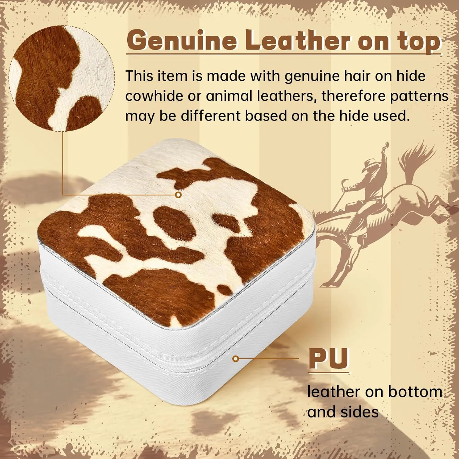 DEEKA Western Jewelry Box Case Real Leather Cow Print Cowhide Tooled Travel Jewelry Organizer Gifts Christmas Gifts for Women Country Girls Cowgirl Stuff Portable Travel Accessories -White/Brown