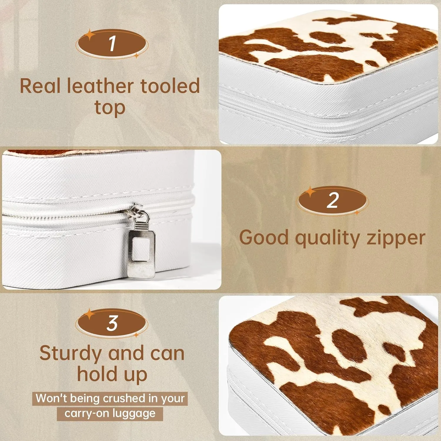 DEEKA Western Jewelry Box Case Real Leather Cow Print Cowhide Tooled Travel Jewelry Organizer Gifts Christmas Gifts for Women Country Girls Cowgirl Stuff Portable Travel Accessories -White/Brown