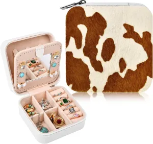DEEKA Western Jewelry Box Case Real Leather Cow Print Cowhide Tooled Travel Jewelry Organizer Gifts Christmas Gifts for Women Country Girls Cowgirl Stuff Portable Travel Accessories -White/Brown
