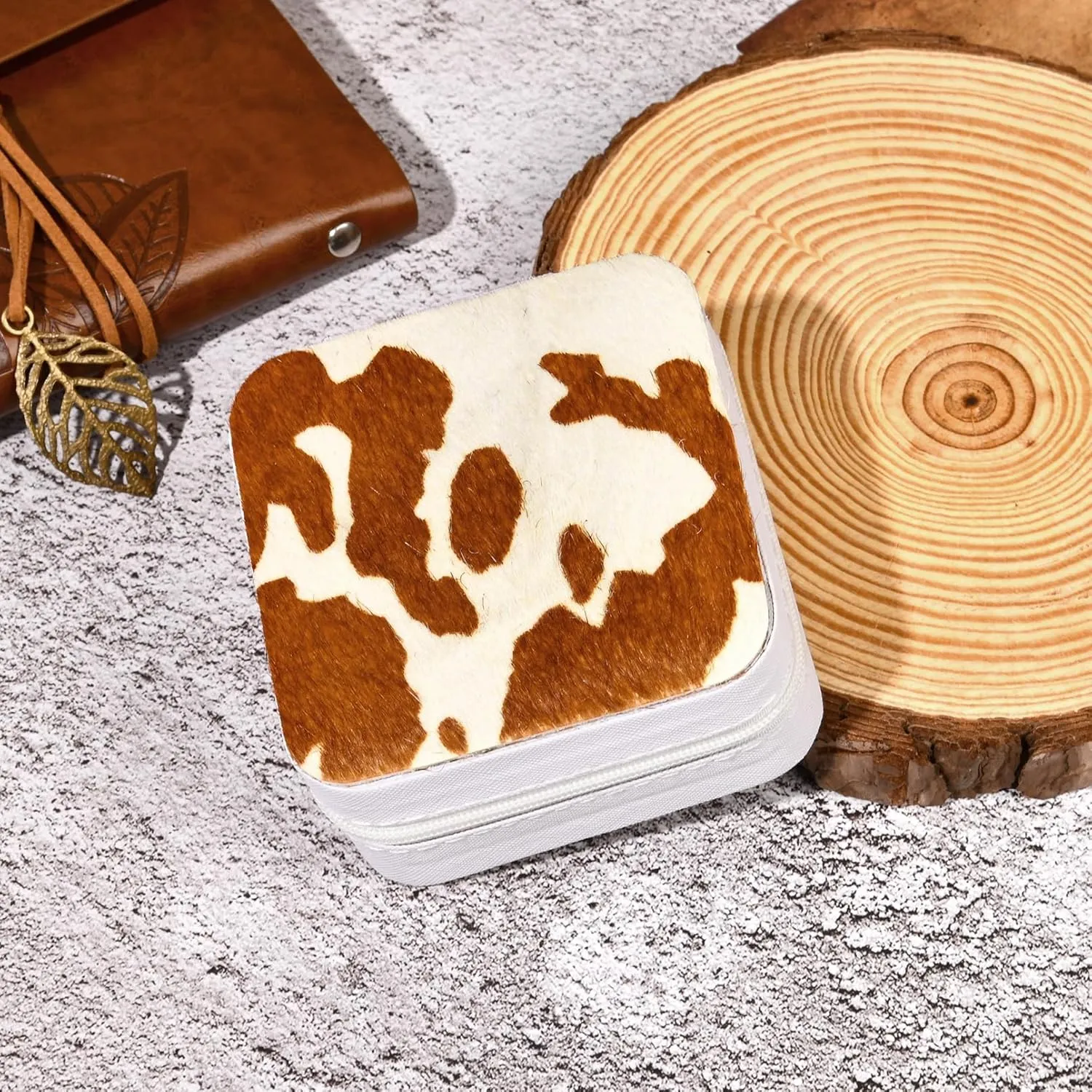 DEEKA Western Jewelry Box Case Real Leather Cow Print Cowhide Tooled Travel Jewelry Organizer Gifts Christmas Gifts for Women Country Girls Cowgirl Stuff Portable Travel Accessories -White/Brown