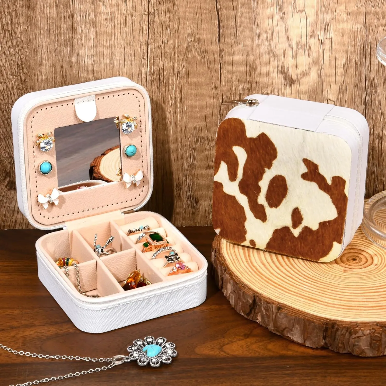 DEEKA Western Jewelry Box Case Real Leather Cow Print Cowhide Tooled Travel Jewelry Organizer Gifts Christmas Gifts for Women Country Girls Cowgirl Stuff Portable Travel Accessories -White/Brown