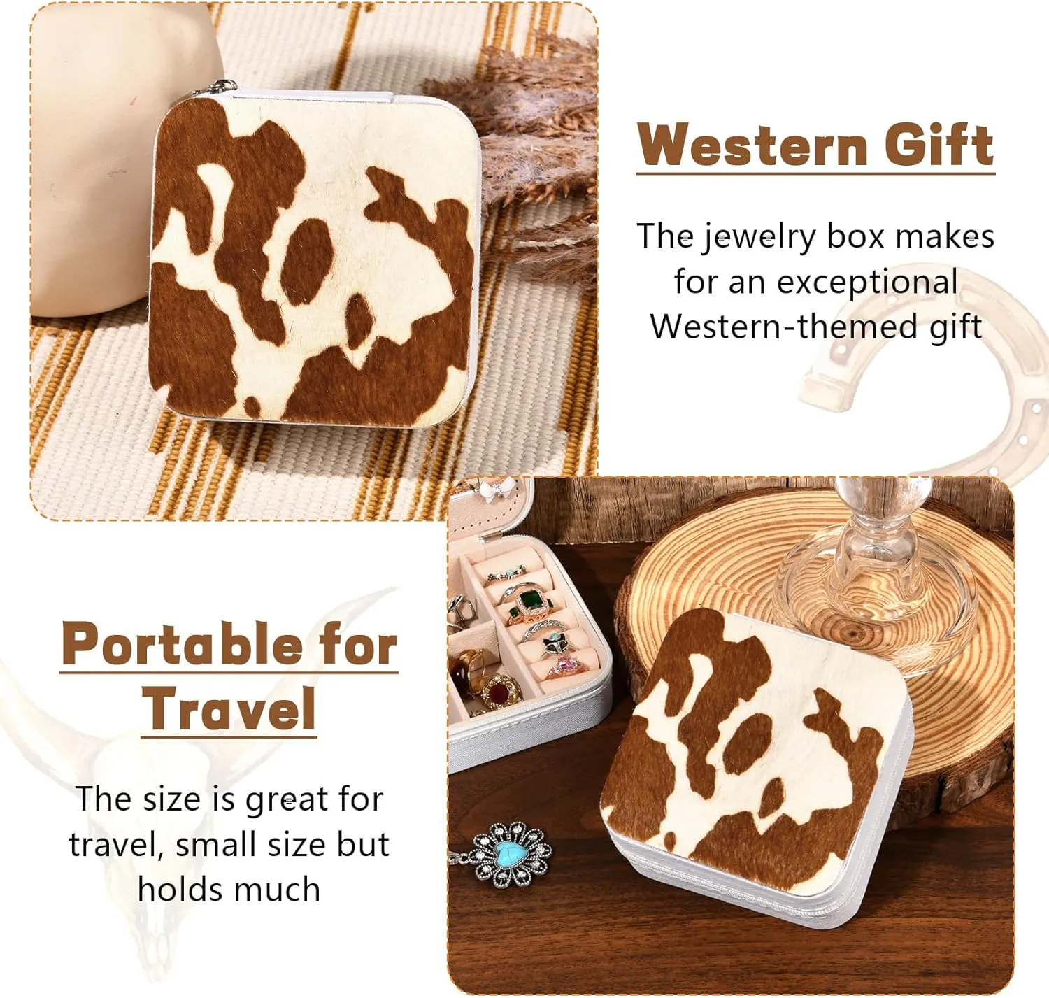DEEKA Western Jewelry Box Case Real Leather Cow Print Cowhide Tooled Travel Jewelry Organizer Gifts Christmas Gifts for Women Country Girls Cowgirl Stuff Portable Travel Accessories -White/Brown