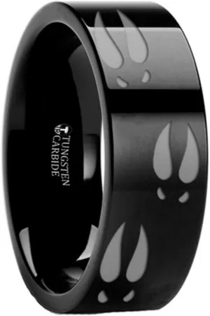 DEER TRACK Animal Track Deer Hoof Print Flat Black Tungsten Ring 10mm Wide Wedding Band