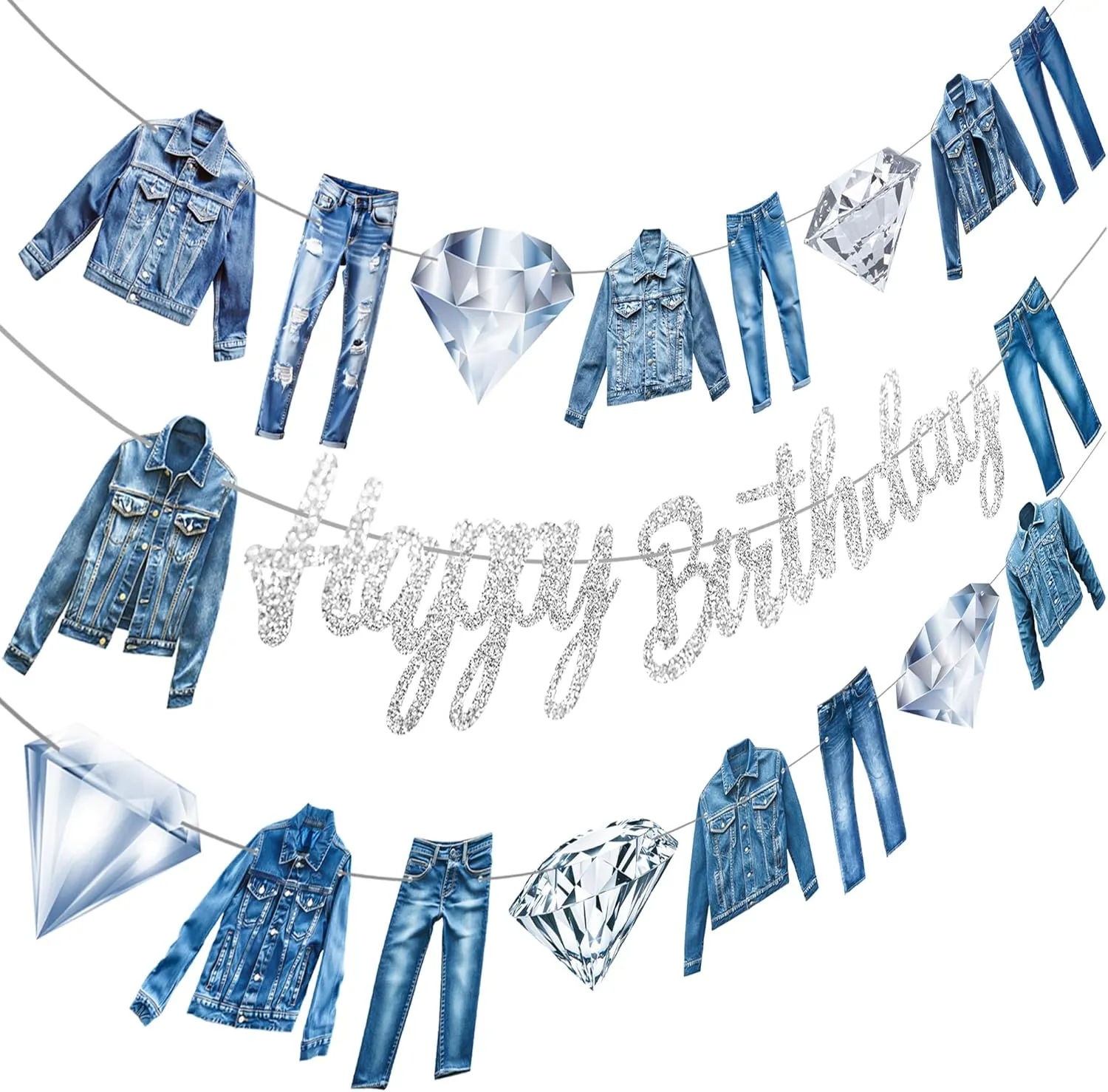 Denim and Diamonds Happy Birthday Banners Silver Denim Themed Birthday Party Decorations 3PCS Crystal Jeans Party Banners Denim Jacket Party Supplies for Girls Denim Theme Birthday Decor