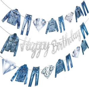 Denim and Diamonds Happy Birthday Banners Silver Denim Themed Birthday Party Decorations 3PCS Crystal Jeans Party Banners Denim Jacket Party Supplies for Girls Denim Theme Birthday Decor