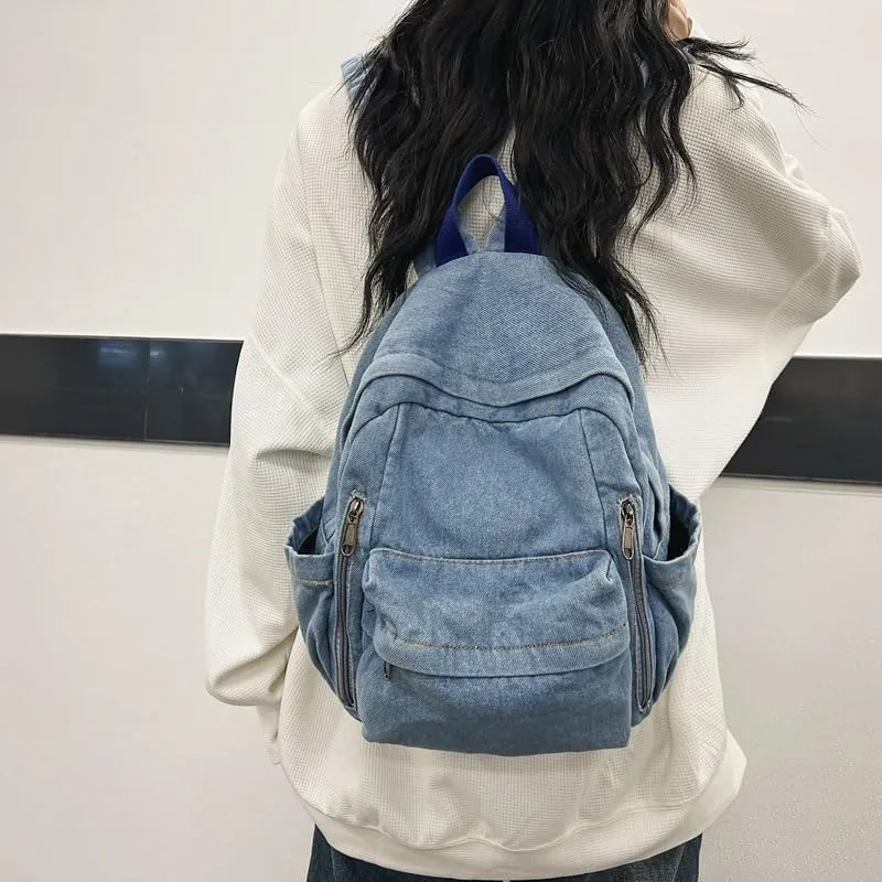 Denim Canvas Backpack for Travel and Daily Use Washed Fabric Fashion Shoulder Bag with Large Capacity and Minimalist Design (Light Blue)