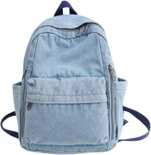 Denim Canvas Backpack for Travel and Daily Use Washed Fabric Fashion Shoulder Bag with Large Capacity and Minimalist Design (Light Blue)