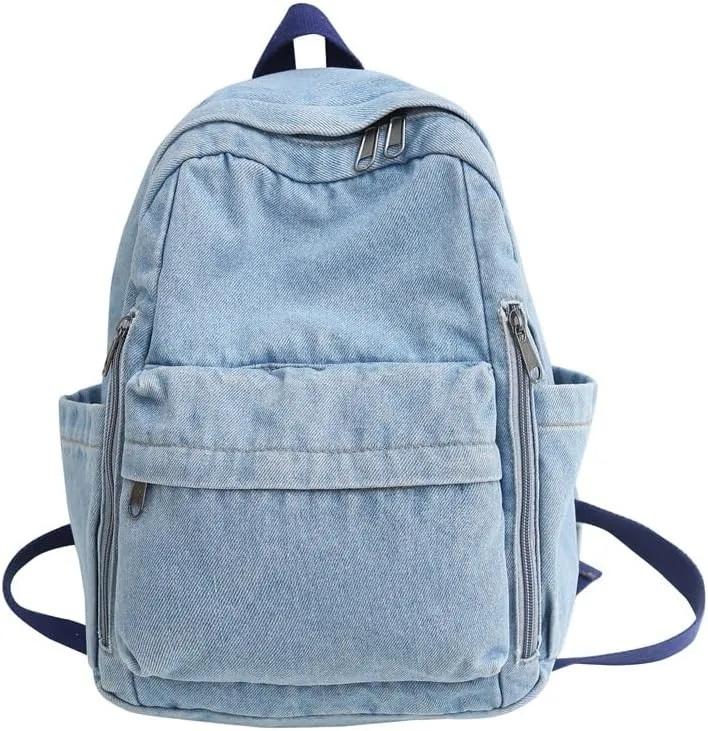 Denim Canvas Backpack for Travel and Daily Use Washed Fabric Fashion Shoulder Bag with Large Capacity and Minimalist Design (Light Blue)