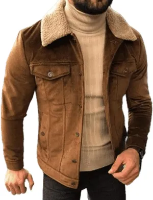 Denim Style Mens Suede Leather Jacket with Fur Collar Classic Casual Motorcycle Jacket