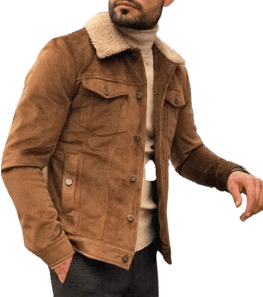 Denim Style Mens Suede Leather Jacket with Fur Collar Classic Casual Motorcycle Jacket