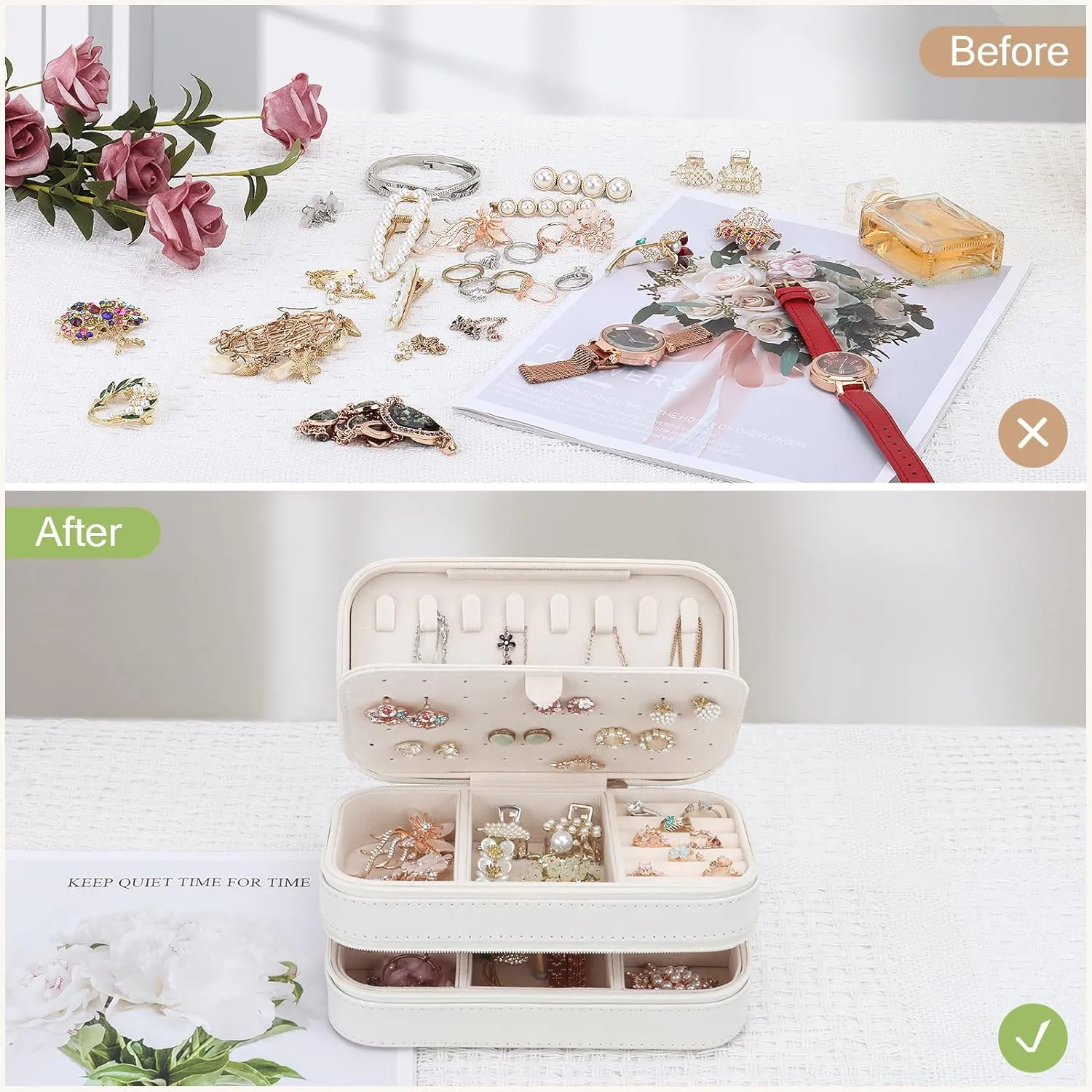 DesignSter Small Travel Jewelry Box with Double Zipper, 2 Layers PU Portable Jewelry Case for Women and Girls,Travel Jewelry Organizer for Rings, Earrings, Necklaces, Bracelets,Beige