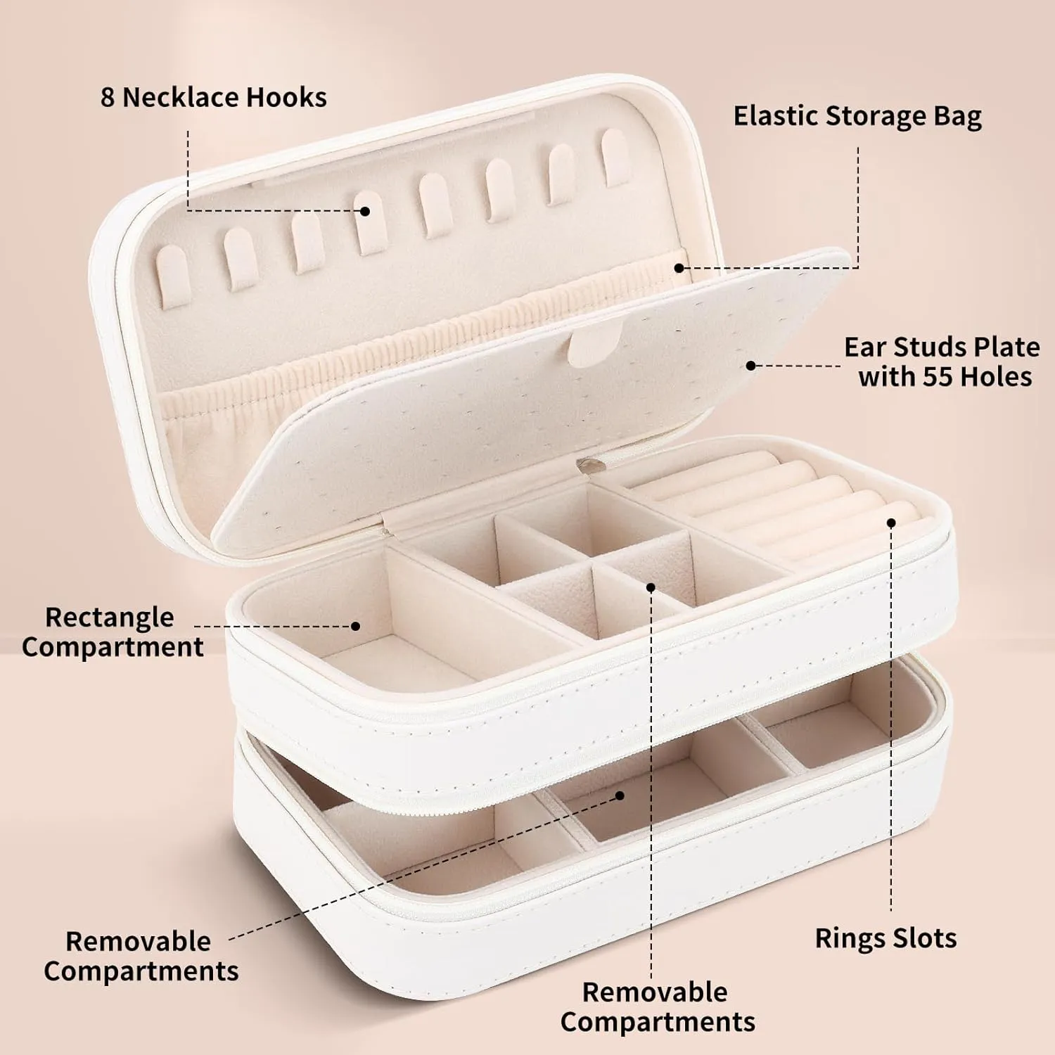 DesignSter Small Travel Jewelry Box with Double Zipper, 2 Layers PU Portable Jewelry Case for Women and Girls,Travel Jewelry Organizer for Rings, Earrings, Necklaces, Bracelets,Beige