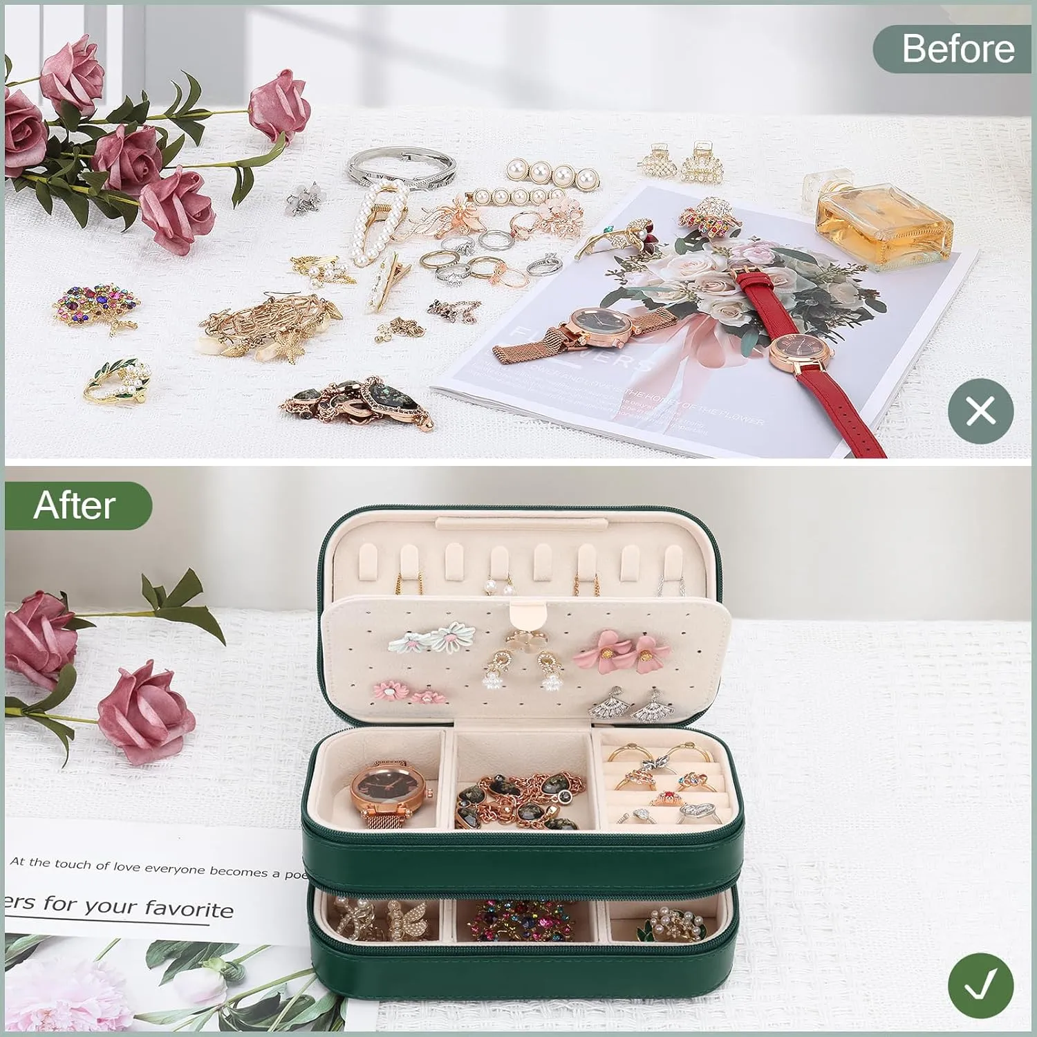 DesignSter Small Travel Jewelry Box with Double Zipper, 2 Layers PU Portable Jewelry Case for Women and Girls,Travel Jewelry Organizer for Rings, Earrings, Necklaces, Bracelets,Dark green