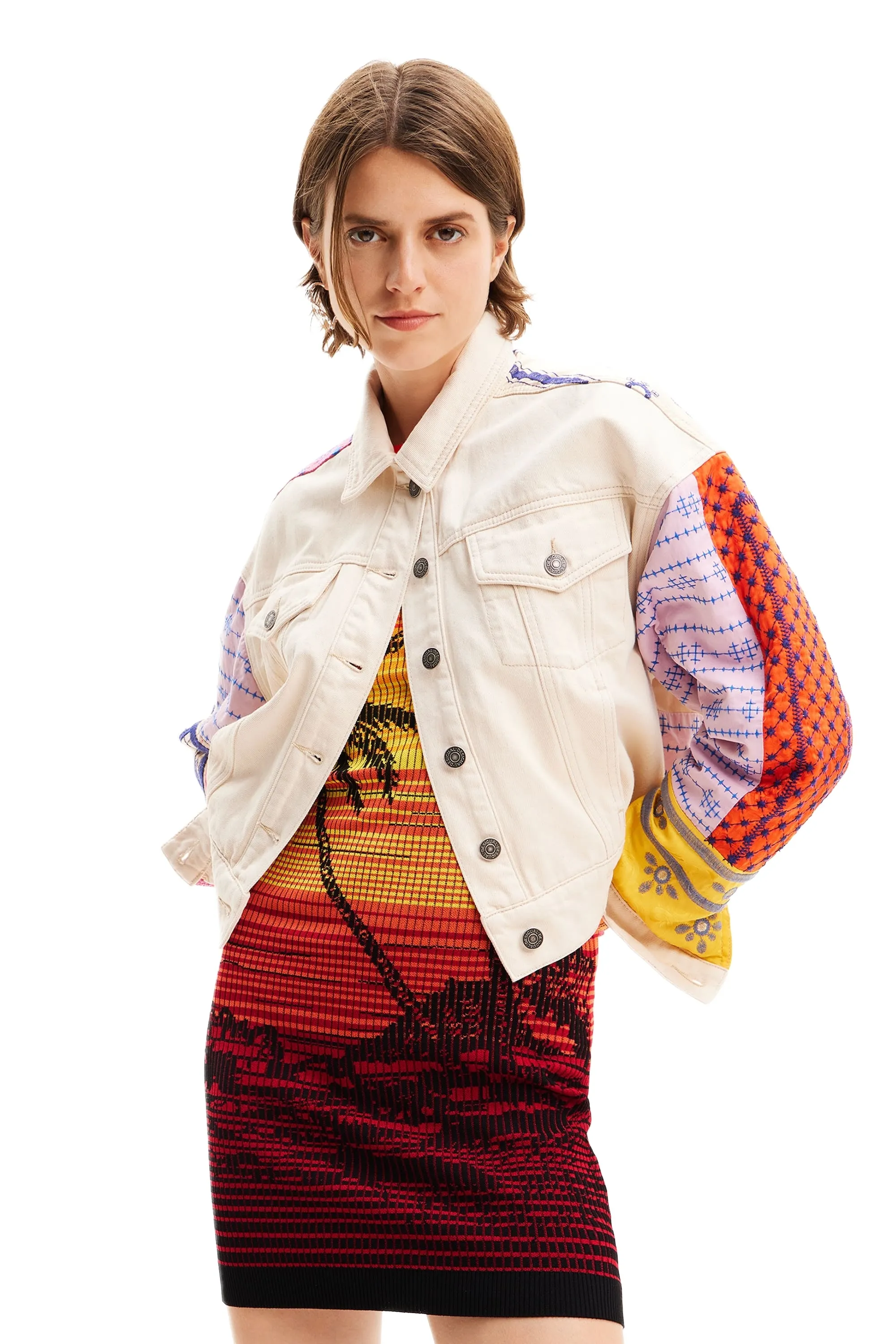 Desigual Julie Cream Short Denim Jacket with Colourful Patchwork Arms and Back 24SWED02
