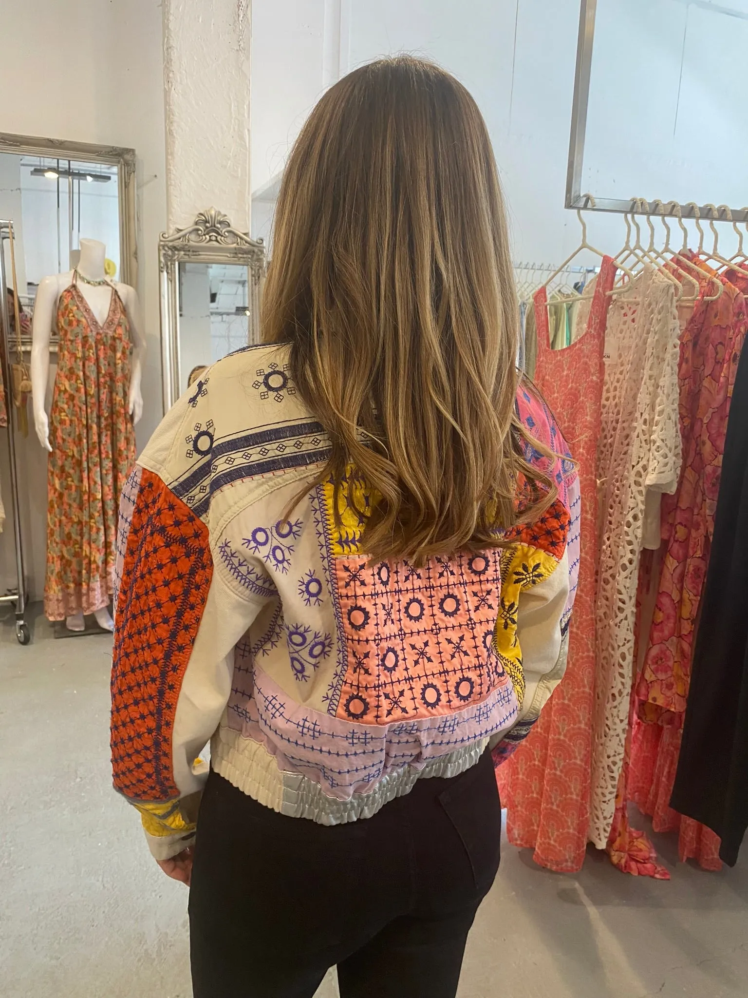 Desigual Julie Cream Short Denim Jacket with Colourful Patchwork Arms and Back 24SWED02
