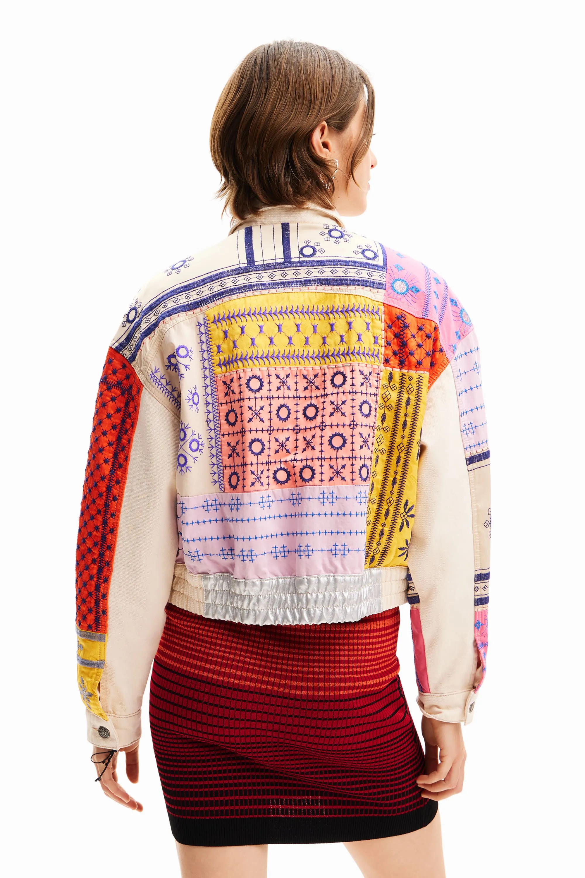 Desigual Julie Cream Short Denim Jacket with Colourful Patchwork Arms and Back 24SWED02