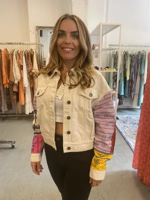 Desigual Julie Cream Short Denim Jacket with Colourful Patchwork Arms and Back 24SWED02